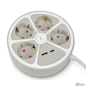 RITMIX RM-341C White Сетевой фильтр, удлинитель {4 евророзетки 16A, 1 USB-A, 1 USB-C, суммарно до 2.4А, 3 м, евровилка с заземлением } {80004157}