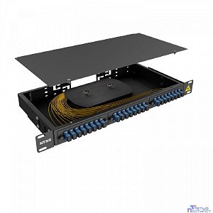 NTSS Кросс 19" NTSS PREMIUM, предсобранный 1U, 4 порта SC/UPC, 9/125 мкм, (сплайс, пигтейлы, кдзс, планки, адаптеры), черный, RAL9005 NTSS-RFOB-PM-1U-4-SC/U-9-SP1.5G1A-BL