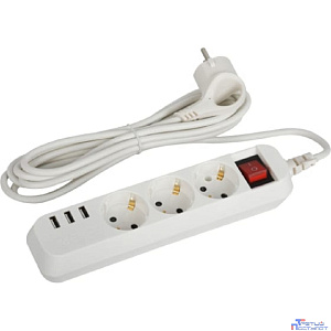 ЭРА Б0052901 Удлинитель электрический U-3es-3m-USB c заземлением с выключателем 3 розетки + 3xUSBA 3м 10А