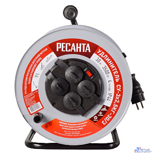 Удлинитель силовой Ресанта СУ-3х2,5КГ-30/3, розеток 4шт, 3x2.5 кв.мм, 30м, ПВС, катушка металлическая, красный [61/118/9]