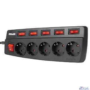 Filum Сетевой фильтр FL-SPL5-1.8M-BL, 2500 Вт., 5 розеток, защитные шторки, инд. выключатели, шнур 1.8 м., черный {00-01095523}