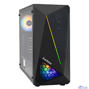 Exegate EX292858RUS Корпус Miditower ExeGate EVO-8225 (ATX, без БП, 2*USB+1*USB3.0, черный, 2 вент. с RGB подсветкой и полоса на передней панели, боковая панель - закаленное стекло)