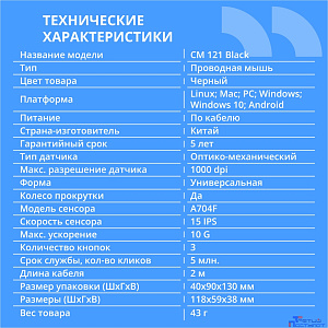 CBR CM 121 Black USB, Мышь офисн., оптич., 1000 dpi, 3 кн., 2.0 м