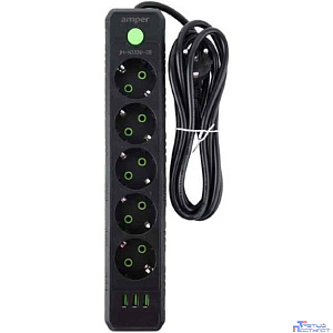Amper сетевой удлинитель, 2,0м, 5 розеток, 10А, 2500 Вт, 3usb, черный. [JH-1033U-2B]