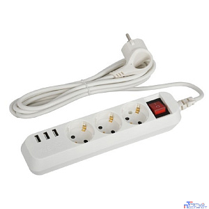 ЭРА Б0052900 Удлинитель электрический U-3es-1,5m-USB c заземлением с выключателем 3 розетки + 3xUSBA 1,5м 10А