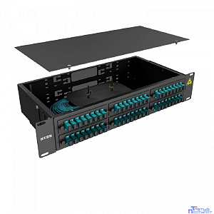 NTSS Кросс 19" NTSS PREMIUM, предсобранный 2U, 48 портов SC/UPC, 50/125 мкм ОМ3, (розетки, сплайс 2шт, КДЗС, пигтейлы), черный, RAL9005 NTSS-RFOB-PM-2U-48-SC/U-503-SP1.5G1A-BL