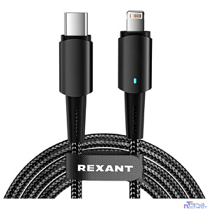 Rexant (18-7069) Кабель Type-C – Lightning для Apple, 3А, 1м, в черной нейлоновой оплетке, со световой индикацией