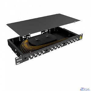 NTSS Кросс 19" NTSS PREMIUM, предсобранный 1U, 24 порта FC/UPC, 9/125 мкм, (сплайс, пигтейлы, кдзс, планки, адаптеры), черный, RAL9005 NTSS-RFOB-PM-1U-24-FC/U-9-SP1.5G2A-BL