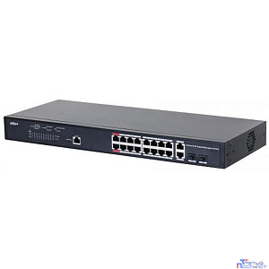 DAHUA DH-PFS4218-16GT-130 16-портовый гигабитный управляемый коммутатор с PoE, уровень L2, 16xRJ45 1Gb PoE, 2хКомбо SFP/RJ45 1Gb uplink, суммарно 130Вт, коммутация 56 Гбит/с, MAC-таблица 16К