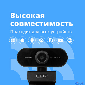 CBR CW 852FHD Black, Веб-камера с матрицей 2 МП, разрешение видео 1920х1080, USB 2.0, встроенный микрофон с шумоподавлением, фикс.фокус, крепление на мониторе, длина кабеля 1,5 м, цвет чёрный