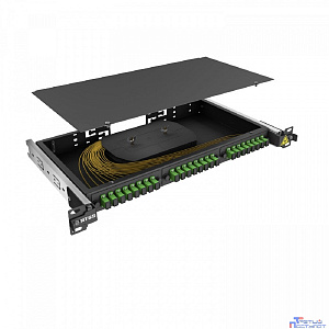 NTSS Кросс 19" NTSS PREMIUM выдвижной, предсобранный 1U, 24 порта SC/APC, 9/125 мкм, (сплайс, пигтейлы, кдзс, планки, адаптеры), черный, RAL9005 NTSS-RsFOB-PM-1U-24-SC/A-9-SP1.5G1A-BL
