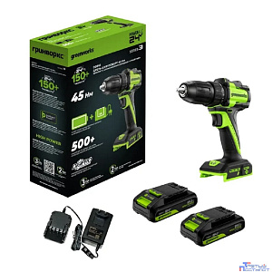 Greenworks DD345, 24V, Дрель-шуруповерт аккумуляторная, бесщеточная, 27/45 Нм,13мм,2х2Ач,ЗУ,кор  [3708307CUC]