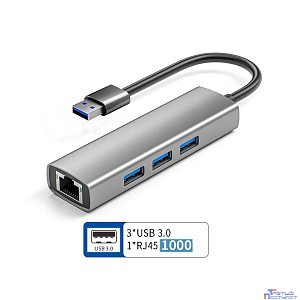 ORIENT JK-340N, разветвитель-сетевая карта USB 3.2 Gen1 (5 Гбит/c), порты: 3xUSB-A + RJ45 Gigabit Ethernet, RTL8153, 100/1000 Мбит/с, кабель USB Type-A, алюминиевый корпус, серебристый (33308)