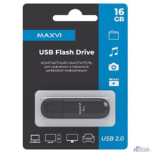 Maxvi USB Drive 16GB P1 black, монолит с колпачком, ABS пластик, USB 2.0