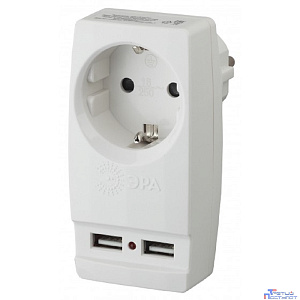 ЭРА Б0026332 Адаптер "Polynom" SP-1e-USB-W 1гн 220V + 2xUSB 2100mA, c заземл, (белый)