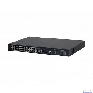 DAHUA DH-S4228-24GT-360 28-портовый гигабитный управляемый коммутатор с PoE, уровень L2, 26xRJ45 1Gb, 2xSFP 1Gb, суммарно 360Вт, коммутация 56 Гбит/с, MAC-таблица 8К