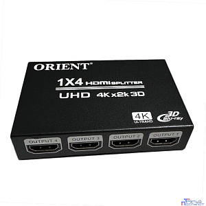 ORIENT HDMI 4K Splitter HSP0104HN, 1->4, HDMI 1.4/3D, UHDTV 4K(3840x2160)/HDTV1080p/1080i/720p, HDCP1.2, внешний БП-зарядник 2xUSB 5В/2.1A, метал.корпус (30368)