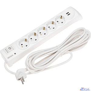 Kranz (13-4701) Фильтр сетевой 5 гнезд, 5м, 3х1,5мм?, с автовыкл, 2 USB, белый