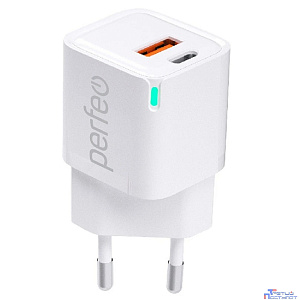 PERFEO Сетевое зарядное устройство с двумя разъемами USB-A+TYPE-C, GaN, 20W, белый (I4652)