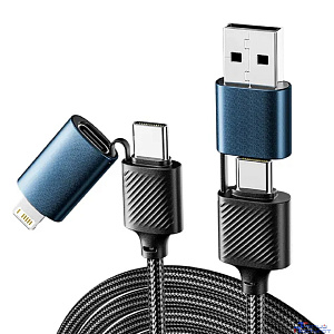 Rexant (18-7094) Кабель 4в1 USB-A, Type-C, Type-C, Lightning 65Вт, 1м, в черной нейлоновой оплетке