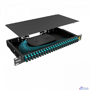 NTSS Кросс 19" NTSS PREMIUM, предсобранный 1U, 8 портов SC/UPC duplex, 50/125 мкм ОМ3, (сплошная панель, розетки, сплайс, КДЗС, пигтейлы), черный, RAL9005 NTSS-RFOB-PM-1U-8-2SC/U-503-SP1.5G0A-BL