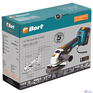 Bort Машина шлифовальная угловая аккумуляторная BWS-18Li-125 {18 В; Li-Ion ; 3 Ач; 9000 об/мин; 22,5 мм; 1,7 кг; 4 Ач; батарей 2 шт; аксессуаров 5 шт; гарантия 2 г} [93722340]