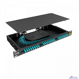 NTSS Кросс 19" NTSS PREMIUM, предсобранный 1U, 12 портов LC/UPC duplex, 50/125 мкм ОМ3, (сплайс, пигтейлы, кдзс, планки, адаптеры), черный, RAL9005 NTSS-RFOB-PM-1U-12-2LC/U-503-SP1.5G1A-BL