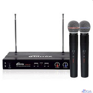 RITMIX RWM-221 black {2 микрофона, 87.5 - 92 МГц,  2 канала, ±0,005%, 40-20000 Гц, 600 Ом, –60±3 дБ, 80 дБ, макс девиация: 10 КГц}