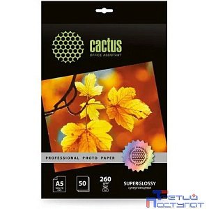Фотобумага Cactus Prof, A5, для струйной печати, 50л, 260г/м2, белый, покрытие глянцевое [cs-hga526050]