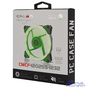 CROWN Вентилятор для компьютерного корпуса CMCF-12025S-1232 (120*120*25мм;Зелёное LED кольцо;1500 об/мин;35CFM;20Дб;Подшипник скольжения;3pin+MOLEX(папа-мама) 40+10см)