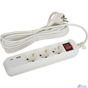 ЭРА Б0052899 Удлинитель электрический UB-3es-5m-USB c заземлением с выключателем 3 розетки + 1xUSBA+1xUSBC 5м 10А