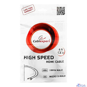 Кабель HDMI-microHDMI Cablexpert CC-HDMID-6, 19M/19M, v2.0, медь, позол.разъемы, экран, 1.8м, черный, пакет