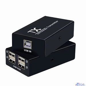 ORIENT VE01U4P, USB extender, удлинитель до 60 м по витой паре, USB хаб 4 порта, подключается 1 кабель UTP Cat5e/6, питание от внешнего БП (31252)
