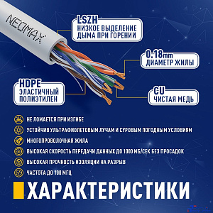 NEOMAX (NM13011-020) Шнур коммут. UTP 2 м, cat.5е, 24AWG, серый, LSZH многожильный