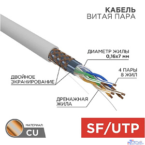 Rexant (01-0343) Кабель витая пара SF/UTP, CAT 5e, PVC, 4PR, 24AWG, INDOOR, STRANDED, серый, 305м