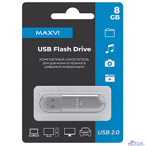 Maxvi USB Drive 8GB P1 silver, монолит с колпачком, ABS пластик, USB 2.0