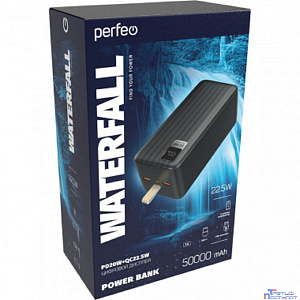 Perfeo Powerbank WATERFALL 50000 mAh/LED дисплей/PD + QC 3.0/Type-C/2 USB/Выход: 5A, max 22.5W/Black (PF_D0186)