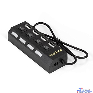 Exegate EX293977RUS USB-Хаб (концентратор) ExeGate DUB-42SW (кабель-адаптер USB2.0 --> 4xUSB2.0, кнопки включения/отключения для каждого порта, Plug&Play, черный)