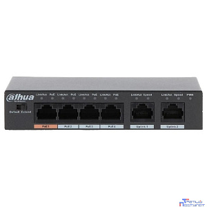 DAHUA DH-PFS3006-4ET-60 4-портовый неуправляемый коммутатор с РоЕ, 4xRJ45 100Mb PoE, 2xRJ45 100Mb uplink, суммарно 60Вт, коммутация 1.8 Гбит/с, MAC-таблица 2К, металл
