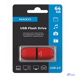 Maxvi USB Drive 64GB SF red, монолит с колпачком, soft touch, USB 2.0