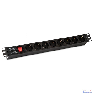 Hyperline SHE19-8SH-S-IEC Блок розеток для 19" шкафов, горизонтальный, с выключателем с подсветкой, 8 розеток Schuko (10А), 250В, без кабеля питания, входная розетка IEC 60320 C14, 482.6х44.4х44.4мм
