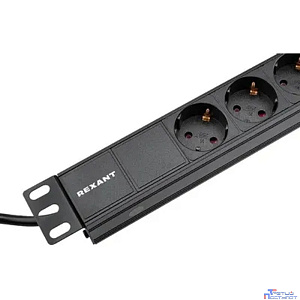 Rexant (04-0105-1) Блок распределения питания для 19" шкафов, горизонтальный, 9 розеток СЕЕ 7/4, 16A, без выкл, алюм корп, шнур 2м, вилка СЕЕ 7/7