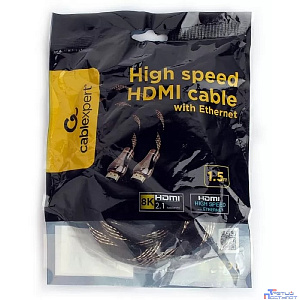 Кабель HDMI Cablexpert 19M/19M, v2.1, 8К, медь, позол.контакты, оплетка, 1.5м, черный, пакет (CCP-HDMI8K-1.5M)