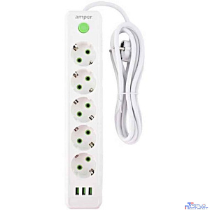Amper сетевой удлинитель, 4,0м, 5 розеток, 10А, 2500 Вт, 3usb, белый. [JH-1033U-4W]