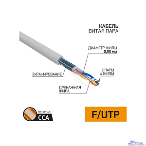 PROconnect (01-0121-3) Кабель витая пара омедненный F/UTP, CCA, CAT 5e, PVC, 2PR, 24AWG, INDOOR, SOLID, серый, 305м