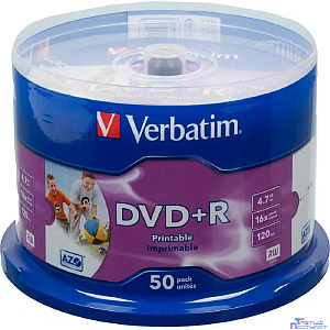 Verbatim  Диски DVD+R  4.7Gb 16-х, Wide Photo InkJet Printable,  50 шт, Cake Box (43512 )