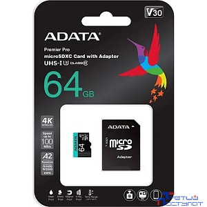 Micro SecureDigital 64GB A-Data AUSDX64GUI3V30SA2-RA1 Premier Pro + adapter  Class10