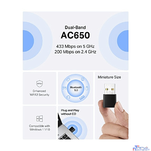 Mercusys MA20NB Сверхкомпактный USB-адаптер с поддержкой Wi-Fi AC650 и Bluetooth