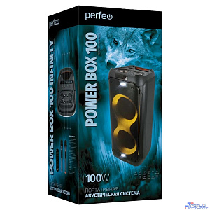 Perfeo ПАС “Power Box 100 INFINITY” BT, EQ, MP3 USB|TF, AUX, FM, MIC, GT, TWS, LED, ПДУ, 2 б/п мик [PF_D0046]