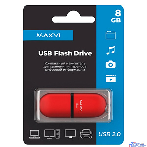 Maxvi USB Drive 8GB SF red, монолит с колпачком, soft touch, USB 2.0